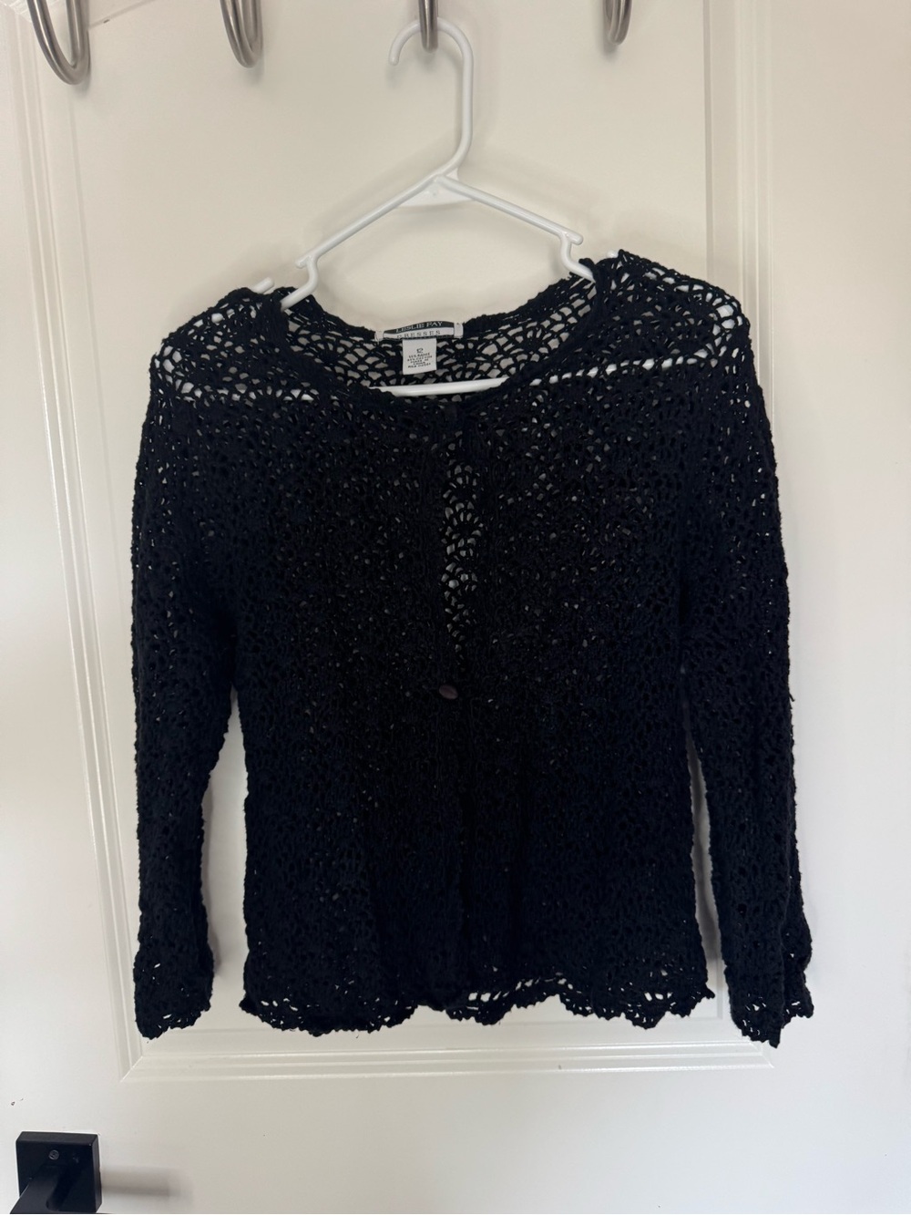Leslie Fay Black Crochet Button-Front Cardigan